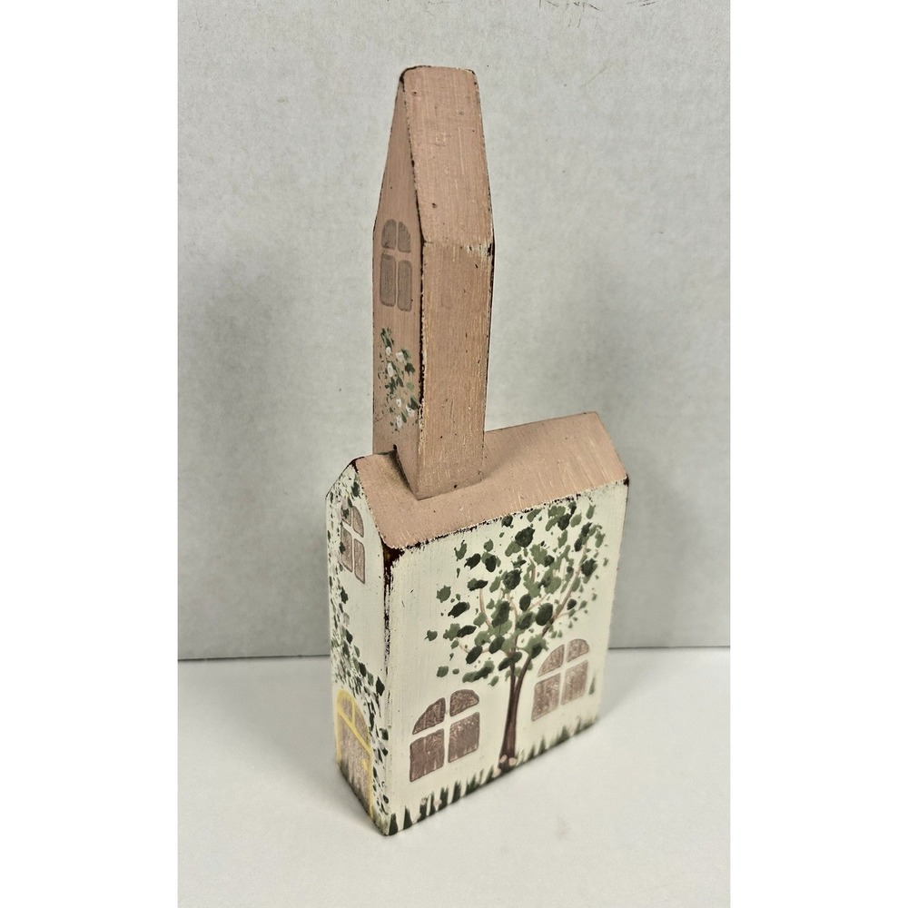 VTG Hand painted Wooden Block House Church Cottagecore Farmhouse Decor Pink 8"
